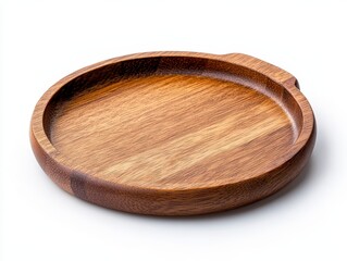 Round Brown Wooden Plate with Handle on White Background
