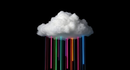 Minimal Floating Cloud with Neon-Colored Rain on White Background – Surreal Isolated Object for Contrast, Emotion, and Futuristic Concept Designs