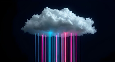 Minimal Floating Cloud with Neon-Colored Rain on White Background – Surreal Isolated Object for Contrast, Emotion, and Futuristic Concept Designs