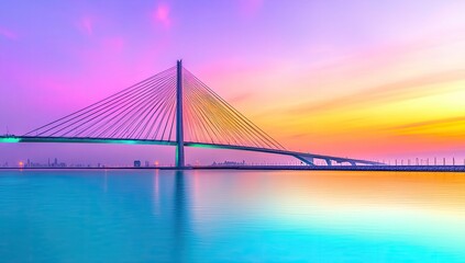 Obraz premium Vibrant sunset hues paint the sky over a cable-stayed bridge, reflecting in calm waters
