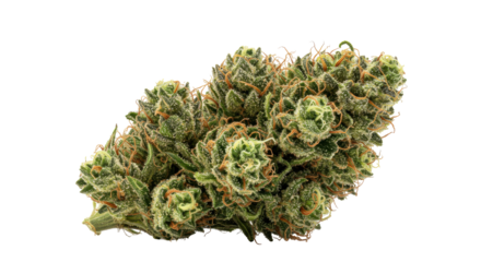 Dense, frosty green flower bud with orange pistils, isolated against a stark black background