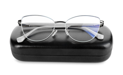 Case with stylish glasses isolated on white