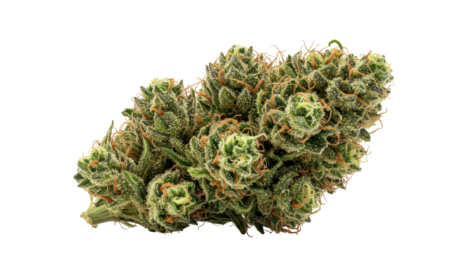 Dense, frosty green flower bud with orange pistils, isolated against a stark black background