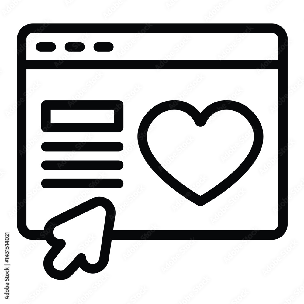 Aufkleber website with heart and mouse pointer line icon, charity concept. vector graphics. browser landing pa