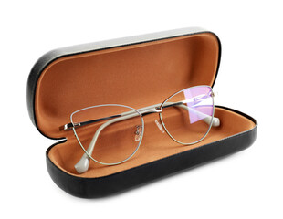 Case with stylish glasses isolated on white