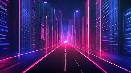 Neon city road at night