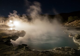Illuminated Steam over Rocky Hot Spring at Night