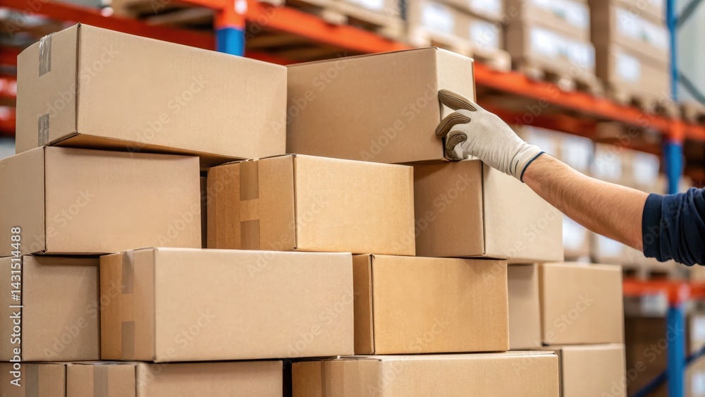 Poster warehouse management bulk storage material handling concept. worker stacking cardboard boxes in a wa