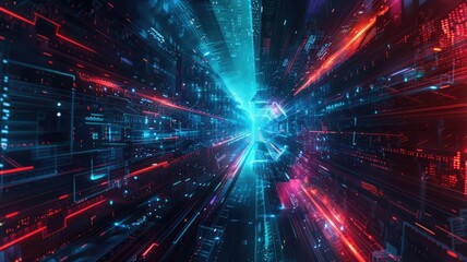 Obraz premium Abstract picture digital style scenery high tech building or structure with glowing fantasy neon light. Cyberpunk or cyberspace scene technology design construction and electric particle flow. AIG53.
