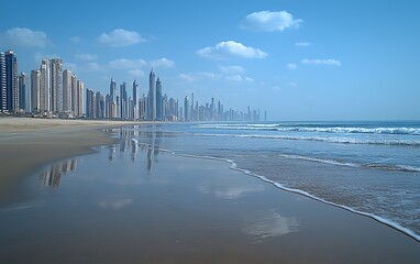 Coastal cityscape reflecting in calm waters.  Modern skyscrapers line a pristine beach