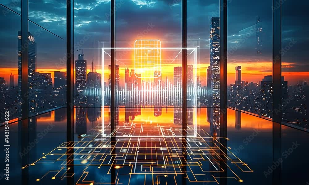 Poster futuristic city skyline at sunset with digital interface and data visualization in foreground