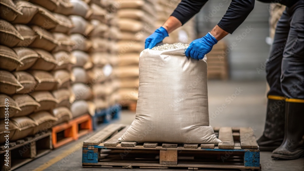 Aufkleber warehouse management bulk storage material handling concept. worker handling a sack on a pallet in a