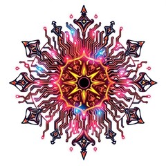 Fototapeta premium Vibrant Mandala: Circuitry and Ornament in Fiery Hues