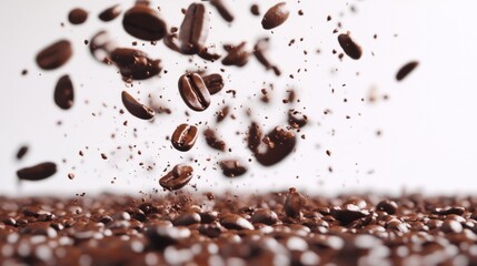 Scattered and falling espresso beans, natural brown tones over minimal white setting generative ai