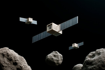 Futuristic satellites with solar panels orbiting among asteroids in deep space on a dark background