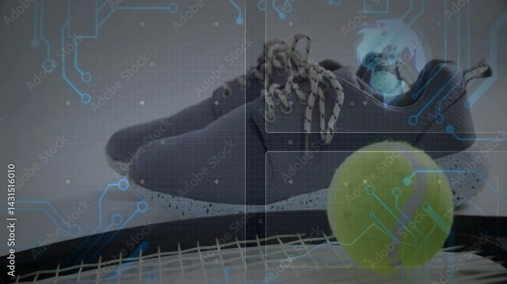 Poster grey sneaker being suspended above tennis racket strings while circuit overlays animating 3d scene