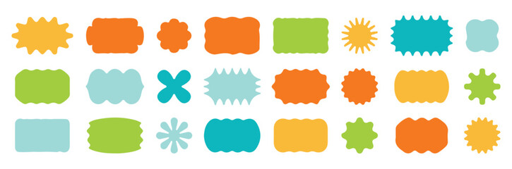 Zig zag wavy shape frames. Vector rectangular and round abstract clouds, flowers and text boxes. Scallop edge kids geometric stamps. Flat jagged oval shapes set. Groovy kids graphic wiggly vector eps