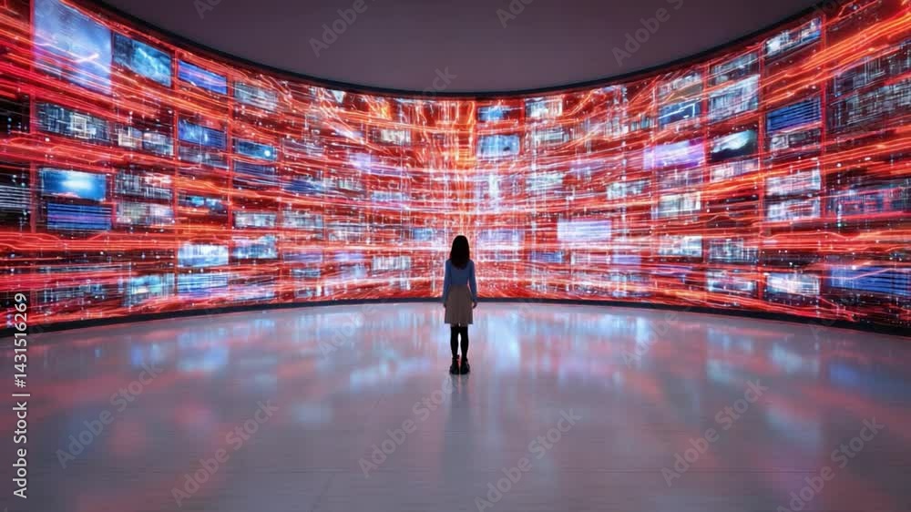 Poster immersive display: a solitary figure is captivated by a vast curved screen projection, showcasing a 