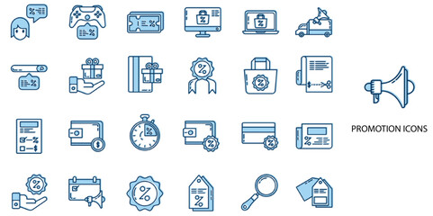 Promotion simple concept 24 color icons set. Contains such business, mentorship, recruitment, conference - event, business meeting .Vector illustration.