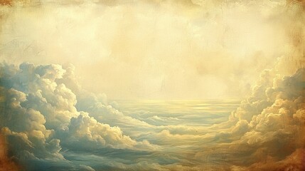 Abstract painting evokes the serene beauty of celestial clouds, resembling a dreamlike photograph of a heavenly vista with luminous textures and warm colors.