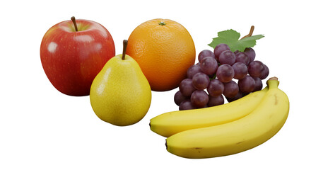Close-up image shows a variety of colorful fruits, including apples, pears, oranges, grapes, and bananas, arranged attractively.