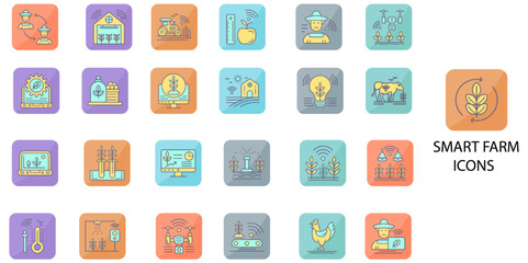Smart Farm simple concept 24 color icons set. Contains such agriculture, farmer, harvesting, picking - harvesting .Vector illustration.