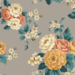 Chintz print of peonies and bush roses on a grey background. 