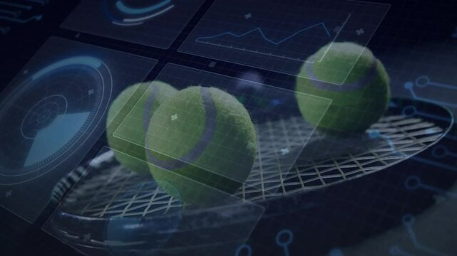 Three green tennis balls and racket being visualized with holographic radar HUD and grid overlays