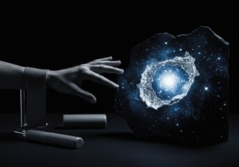 Monochromatic Hand Nears Star-Filled Ice Rift