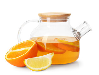 Glass teapot with aromatic fruit tea, orange and lemon isolated on white