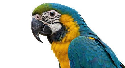 A colorful macaw with bright blue and yellow plumage posing against a dark background