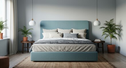 Bedroom interior with a bed plants lamps and neutral color scheme.
