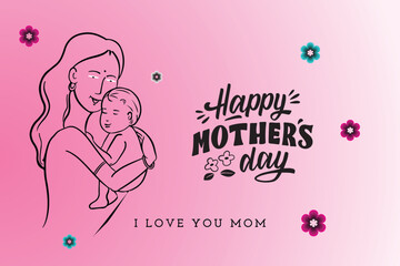 Happy Mother's Day vector card with a loving mom and child illustration