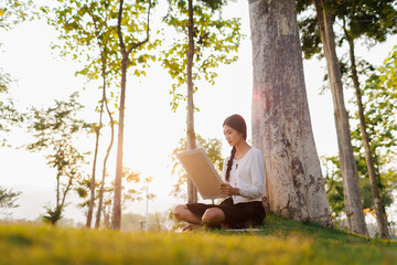 Bathed in warm golden light beneath a tree, a smiling female student immerses herself in her...