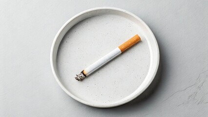 Burnt cigarette lying in round white ashtray on textured surface. Symbol of smoking habit and health risk awareness