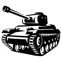 Stylized black and white tank illustration with bold modern design elements