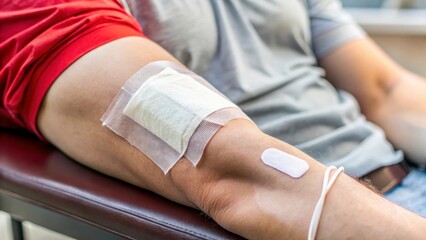 Obraz premium World Blood Donor Day A close-up of a bandaged arm post-blood donation.