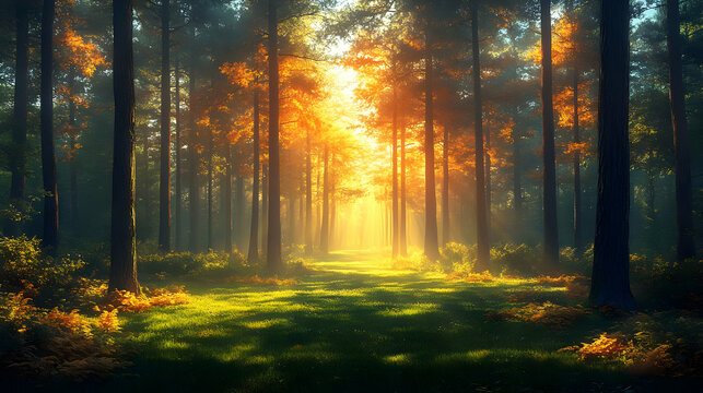 Autumn Sunlight in a Forest Path