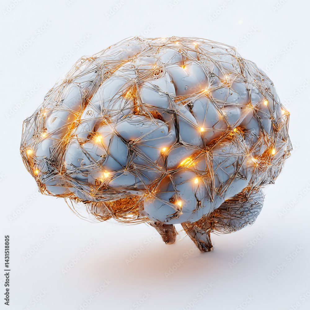 Poster abstract 3d render of a human brain with illuminated neural connections