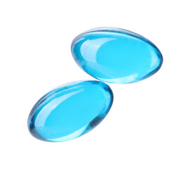 Collagen capsules isolated on white, top view