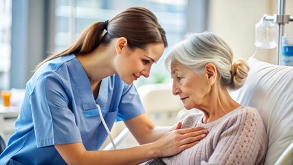 Obraz premium World Blood Donor Day A caregiver comforts an elderly woman in a hospital setting, showcasing compassion and support.