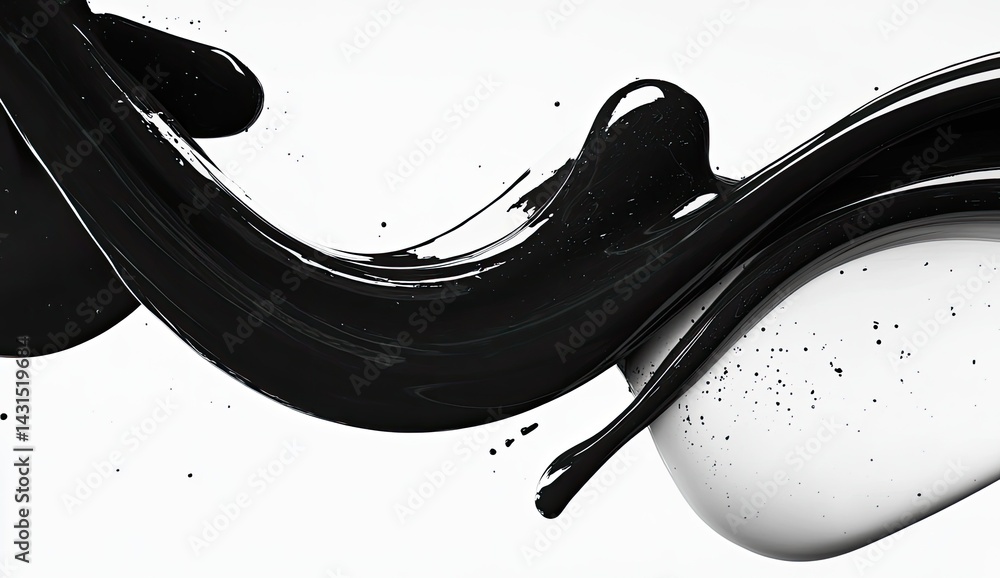 Poster abstract black liquid swirls on white background. dynamic curves and droplets create a visually stri
