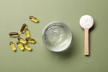 Collagen capsules, gel and powder on light green background, flat lay