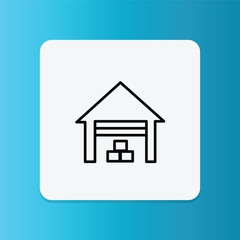 Icon of a warehouse building with boxes, representing storage, inventory management, and logistics.