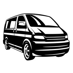 Stylized Black and White Minivan Illustration with Dynamic Perspective and Strong Lighting
