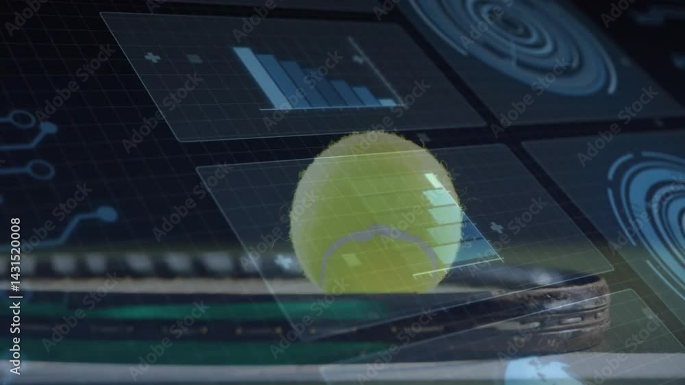 Poster tennis ball floating on racket strings, displaying holographic analytics panels in 3d render