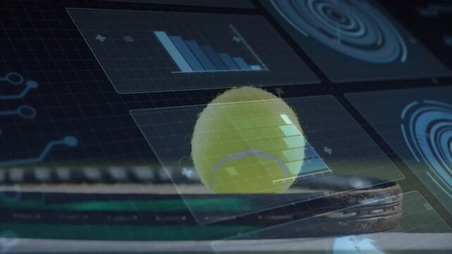 tennis ball floating on racket strings, displaying holographic analytics panels in 3D render