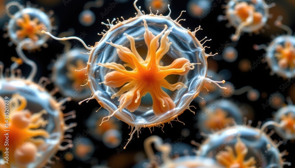 Poster a dynamic view of protozoa in action, capturing their unique shapes in motion.
