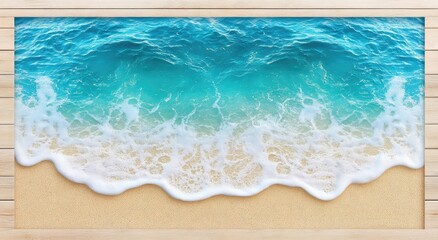 Obraz premium Serene beach scene; turquoise water, white waves gently lapping golden sand, framed in light wood