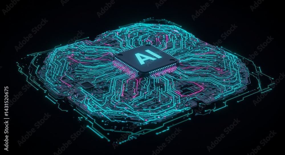 Poster ai microchip circuit board technology - futuristic glowing teal and pink ai microchip on a circuit b